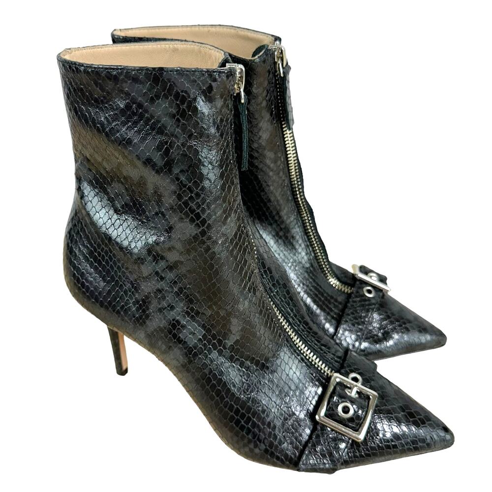 Black Suede Studio NWOB Black Snakeskin Front Zip Buckle Heeled Bootie Size 8